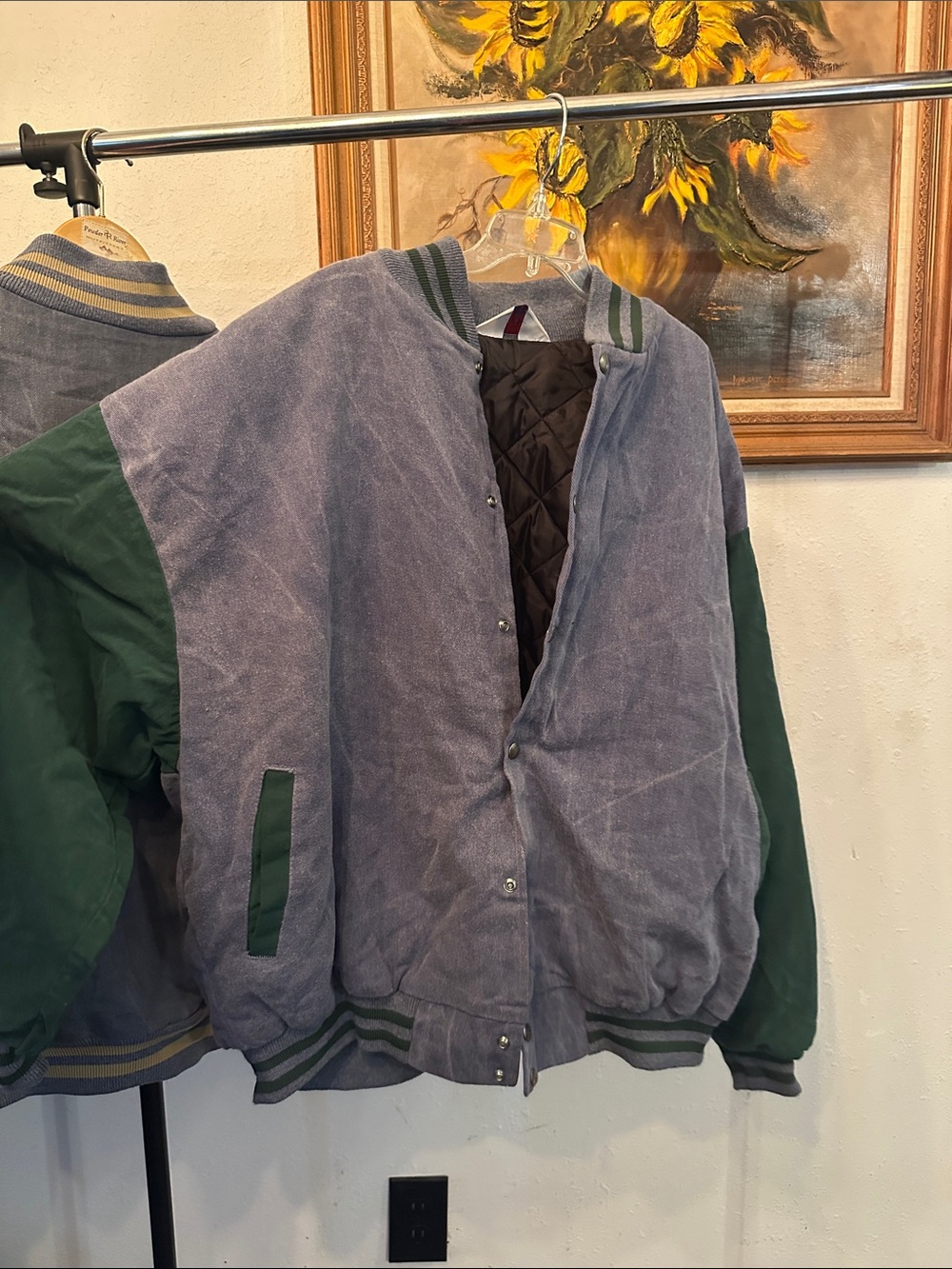 Men's Green and Gray Quilted-Lined Varsity Jacket